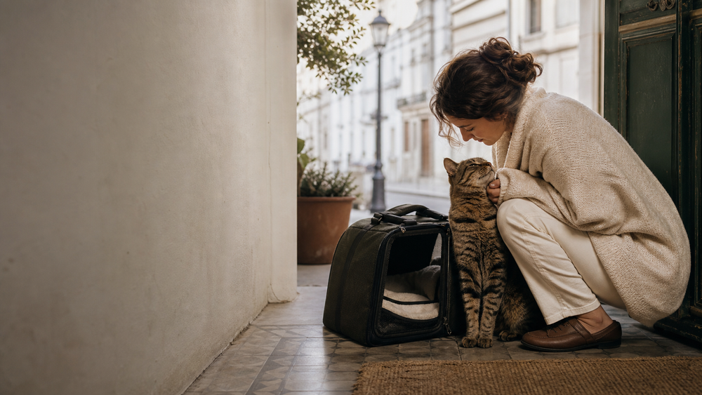 Chat tigré calme auprès de son humaine et d’un sac de transport souple, au départ d’un voyage